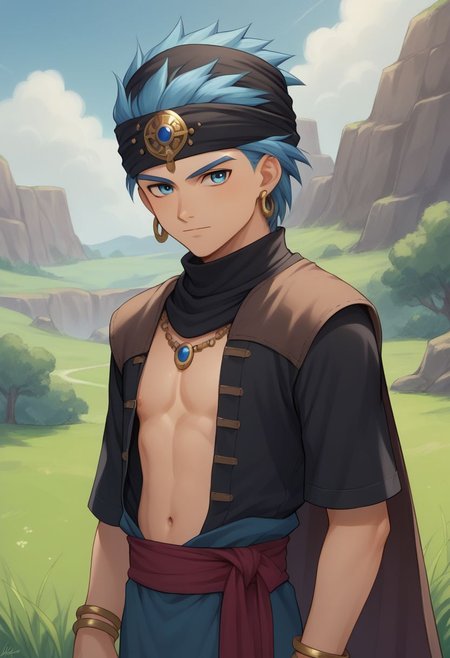 score_9, score_8_up, score_7_up, source_anime, highly detailed, 1boy, solo, male_focus, half body, half body, skinny,
erik, turban, solo, jewelry, blue eyes, blue hairs, 1boy, male focus, earrings, bracelet, ring, shirt, black whirt, belly, cape.
outdoor,
