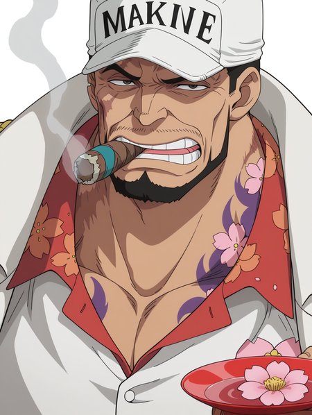 masterpiece, best quality, amazing quality, 1 boy, male focus, solo, Sakazuki, shirt, cigar, facial hair, flower, hat, White background, make a fist