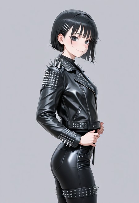 masterpiece,best quality,amazing quality, very aesthetic, ((outlined outlined vector graphics)), cute face, (glow eyes:0.5) ,  looking at viewer, cowboy shot, simple background,
1girl,20yo, black hair, black eyes, short bob hair, hair pin,small breast, slender,(white thigh strap:1.1),cute face,
,solo,  side view ,  looking at viewer ,
smile, happy, black jacket, ,, leather jacket, spiked leather jacket, large spikes, black pants  , heavy metal, black shirt ,   standing ,  ,  , <lora:spiked-leather-jacket-il-01:1>