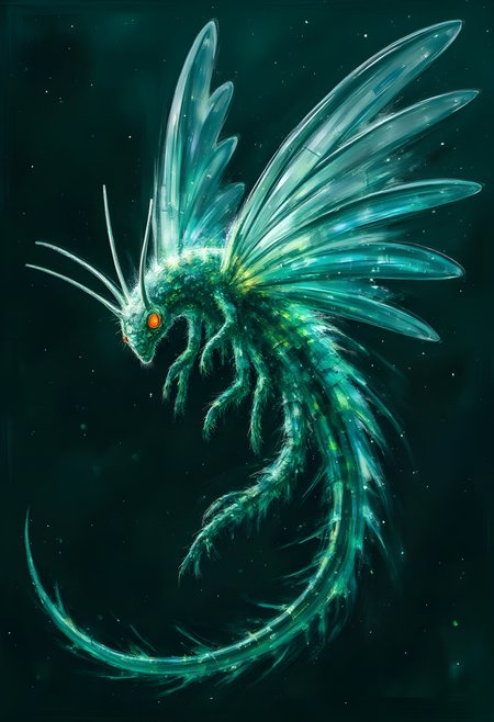 cinna flow, A mesmerizing creature from ancient folklore, this mythological bioluminescent being is depicted in an acrylic painting. Illuminated by a soft, otherworldly glow, its ethereal form shimmers with hues of opalescent greens and shimmering silvers. The intricate details of its ornate wings and delicate antennae are rendered with exquisite precision, highlighting the fantastical nature of the subject. This high-quality image captivates the viewer with its otherworldly beauty, inviting them to delve into the mystical realm of myth and legend. Very detailed, vibrant colors