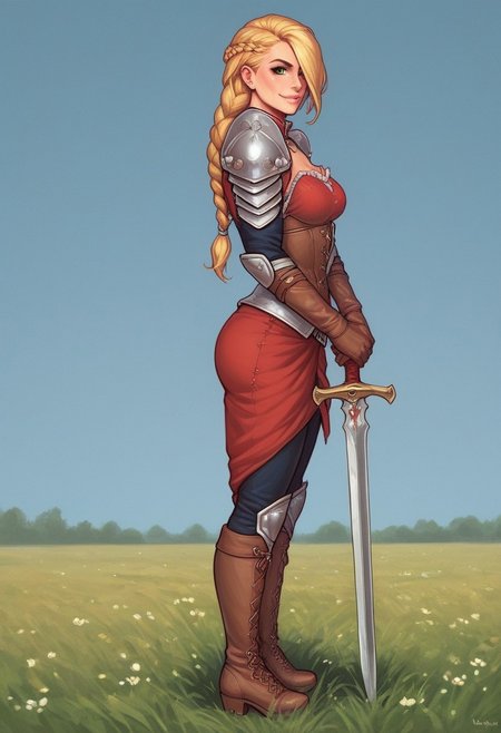 1girl, illustration, looking at viewer, highly detailed, from front,1girl, looking at viewer, highly detailed, skinny, looking at viewer, 1girl, masterpiece, best quality, ((((side view)))), Her , full body portrait, 1girl, <lora:agrias-nvwls-v3:1> agrias, armor, corset, dark red dress, brown gloves, weapon, cross-laced boots, looking at viewer, sidelocks, braided ponytail, light green eyes, Romance, sci-fi, artificial intelligence, highly detailed
BREAK 
slight smile, looking at viewer, 
BREAK 
long hair, blonde hair, hair over one eye, big hair, 
BREAK 
best quality, depth of field, bokeh, (((full clothed)))  (best quality, high detail), ((masterpiece)), ((ready to fight, holdind big sword in hands)), <lora:1_ino_20e:1>
BREAK 
((((((field, mill)))))) score_9, score_8_up, score_7_up, score_6_up, source_cartoon, rating_explicit, Expressiveh, (((((full body))))), dynamic pose