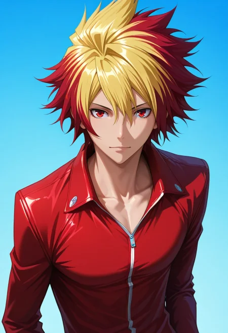 masterpiece, best quality, , (realistic:0.6), looking at viewer, 1boy, solo, male focus, <lora:takuto_tsunashi_ilxl:0.98>, takuto_tsunashi, red hair, red eyes, spiked hair, bangs, multicolored hair, two-tone hair, dyed bangs, blonde hair,