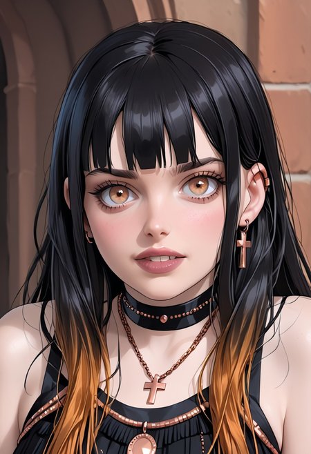 (1girl  /(face:(Gilly:1.3) posing for pictures).
BREAK
source: Game of Thrones, source: actress images. Masterpiece, artistic, pin-up pose, focus on eyes, (very detailed face), solo, hyper realistic, (photo realistic).
BREAK
Gilly:( Gothic, face of ((CopperCharater)), (big teeth, (human), protruding ears:1.2, (human ears:1.3)), (black hair, orange IncursioDipDyedHair, long straight hair, copper hair ends, (bang fringe)), light eyes, hazel eyes:1.1, black-eyeliner, lipstick, (pale white skin), chubby, flat chest, narrow sholders, ((thick thighs)), (thin waist), ((wide hips:1.3)), /(black choker, Christian_cross pendant/), (copper (wedding-ring)), ((copper)) jewelry, (goth style), goth Native American clothes,goth clothes)