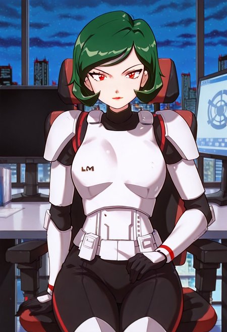 masterpiece, best quality, good quality, <lora:PMWendyIL:0.9>, PMWendy, 1girl, solo, green hair, short hair, red eyes, lipstick,stormtrooper, armor, white armor, black bodysuit, bodysuit under clothes,
looking at viewer, sitting, monitor
BREAK indoors, day, office, swivel chair, window, night sky, cityscape,