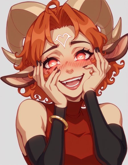 score_9, score_8_up, score_7_up, score_6_up,
Oveniya, red wavy short hair, fair skin, red turtleneck top, single gold bracelet on her wrist, sleeveless, black removable sleeves, horns
 <lora:yandere-trance-ponyxl-lora-nochekaiser:0.9>, yandere trance, yandere, hands on own cheeks, hands on own face, crazy eyes, crazy smile, crazy, glowing eyes, symbol-shaped pupils, hand on own face, open mouth, glowing, blush, looking at viewer
 <lora:Oveniya_XL:0.9>
 <lora:cfg_scale_boost:0.4>