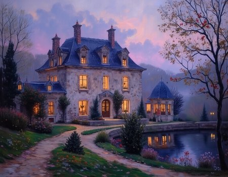 <lora:OBä¸­ä¸çºªæ²¹ç»v1.1:1> OByouhua, oil painting
oil painting of a gorgeous French chateau, foggy, cloudy sky, well manicured garden and trees, window lit,