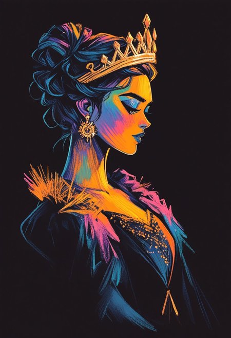 score_9, score_8_up, score_7_up, score_6_up, aesthetic, s1_dram, ncpy13 style, pastels drawing, deep black background,  Using deep blue, gold and black colors create A beautiful young woman dressed as the queen of darkness sits on a throne made entirely of skulls. She's wearing a flowing black dress with gold accents and has a crown made of tiny bats perched atop her head. Her partner, a tall, lean man dressed as Dracula, stands behind her in the shadows. The style is a dark fantasy setting, upperbody portrait, elegant, intricate details.