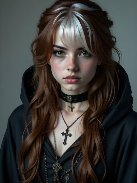 A captivating portrait of a goth-inspired Hermione Granger (Harry Potter), reimagined with ultra-HD quality and intricate details. She has long, bushy brown hair styled with a two-tone effect featuring striking streaks of white and multicolored highlights, with some strands elegantly draping over one eye. Her deep brown eyes exude intelligence and intensity, enhanced by her piercing gaze directly at the viewer. She wears a gothic necromancer dress paired with a flowing, dark cloak that adds an air of mystery. A choker with a delicate cross pendant adorns her neck, accompanied by layered necklaces and subtle jewelry that blend into her edgy aesthetic. The background is simple, a neutral grey that enhances the focus on her striking features and detailed attire. aidmaimageupgrader, aidmaMJ6.1m, detailmaximizer, mythp0rt, ne0nfant4sy, drkfnts <lora:aidmaImageUpgrader-FLUX-V0.2:0.8> <lora:aidmaMJ6.1_aidmaMJ6.1-FLUX-v0.4:0.8> <lora:v1v1dr34m:0.64> <lora:aesthetic2-cdo-0.5:0.74> <lora:mythp0rt_FluxMythP0rtr4itStyle:0.68> <lora:drkfnts style_sxz-Dark-Fantasy-v2-Flux:0.5>