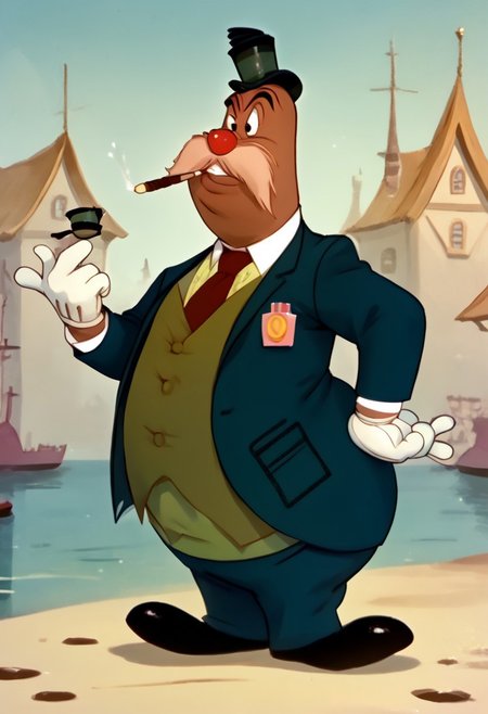 <lora:Honestjohngusherpony1.0:0.5> MRWALRUS dressed as honest john gusher, as a walrus, fat,  overweight, walrus tusks, squinting eyes, smile, solo, 1boy, male focus, <lora:pony_monocles-step00000800:1>,(monocle),round eyewear, top hat,, suit, gloves, furry male, mustache, necktie, standing, score_9, score_8_up, score_7_up, score_6_up, score_5_up, score_4_up, looking at other, hand on own hip, cowboy shot, 1930's toon city,