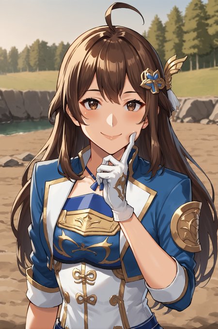 zPDXL2-neg, source_anime, 1girl, solo, long hair, brown hair, gloves, brown eyes, ahoge, white gloves, hair ornament, looking at viewer, outdoors, finger on cheek, smile, <lora:Xing_Xianying_Dynasty_Warriors:0.8>