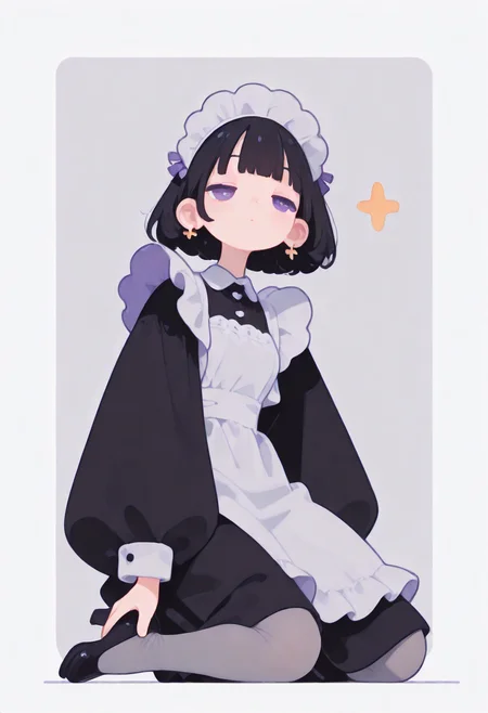 masterpiece, best quality, amazing quality, absurdres, newest, 1girl, solo, black hair, bobcut, purpleeyes, blunt bangs, tight gossamer very short victorian black maid dress, maid apron, 
pastel hotel background with thick white border,
half closed eyes, distant gaze, unfocused eyes, 
popping out of background, full body, from below, kneeling on one knee, windy, 
dynamic pose, 
grey tights, skinny upper body, matte grey tights, thick greytights, pumps,
 [skinny upper body], translucent skin, [[chubby thick legs]], bottom heavy,
ultra-realistic, Flatline, Flat vector illustration, haiz_ai, no lineart, no outline,
pplegs,  
<lora:haiz_ai_illu:0.8> <lora:flatline:1.65>  <lora:ponyv6_noobE11_2_adamW:0.25>  <lora:Slider-LimbWidth:1.75> <lora:Slider-LegLength:-1.5>  <lora:v0.04_Concept_pony:0.66>