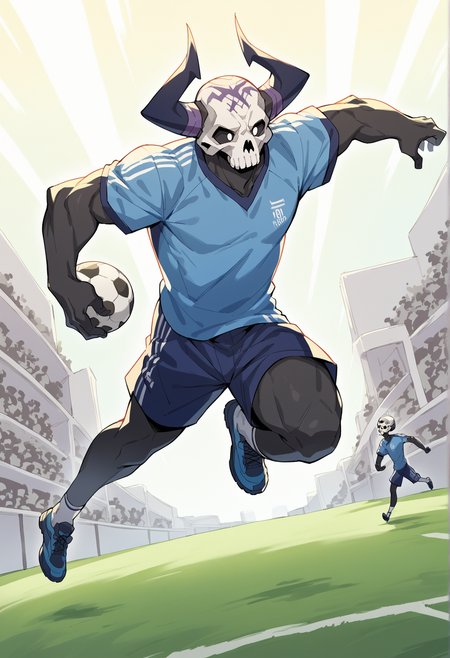1boy, solo,  skull, mask, horn, soccer, soccer uniform, running, colored skin, black skin  <lora:First_Hassan:0.8>, score_9, score_8_up, score_7_up, score_6_up, score_5_up, score_4_up, BREAK source_anime, masterpiece