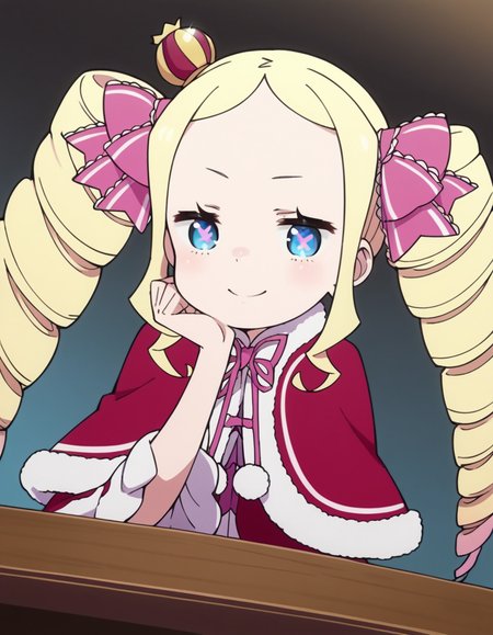 score_9, score_8_up, score_7_up, source_anime, <lora:rezero-beatrice-s3-leak-ponyxl-lora-nochekaiser:1>, beatrice, long hair, blue eyes, blonde hair, twintails, hair ribbon, sidelocks, symbol-shaped pupils, drill hair, twin drills,, dress, ribbon, fur trim, capelet, crown, mini crown, red capelet, frills, bowtie,, indoors, smile, looking at viewer, solo, sitting, head rest, table,, cowboy shot, dutch angle