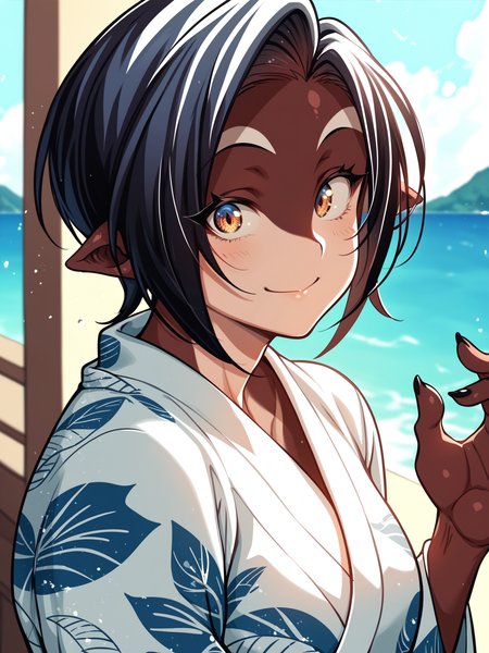 <lora:happy_tentacle-rukka-v0.4-000020:1>, ht_rukka, orca girl, dorsal fin, webbed hands, two-tone skin, yukata, outdoors , 1girl, solo, upper body , , ( smile :1.2), , looking at viewer , , from side , score_9, score_8_up, score_7_up, score_6_up, score_5_up, score_4_up