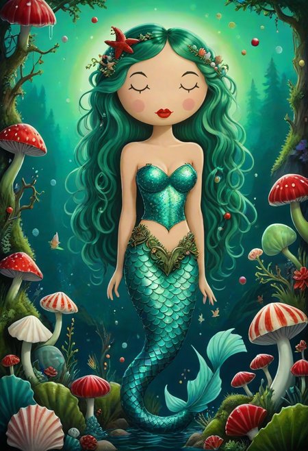 fantasy concept art, whimsical fairy tale elements, mermaid with a wavy hair, seafoam green scalloped tail fin,   red lipstick, seashell belt,glittering hair comb, alien forest with glowing mushrooms, surrounded by orbs made of glowing epoxy, intricate details, ultra sharp, Exquisite detail, flawless composition, vivid colors, masterpiece,  <lora:luciano-martins-sdxl-v1:0.8> a painting, in the style of luciano-martins