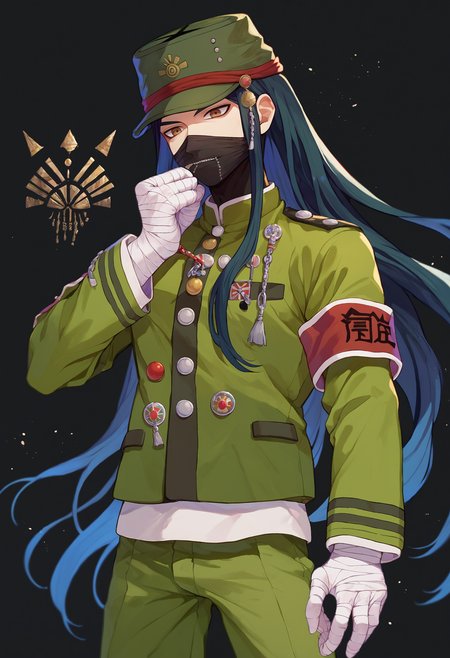 score_9_up score_8_up score_7_up, standing, black background
BREAK
shinguji korekiyo default, 1boy, long hair, mask, black hair, brown eyes, mouth mask, bandages, bandaged hand, jacket, peaked cap, hat, green headwear, school uniform, armband, pants, long sleeves, green jacket, gakuran, green pants
 <lora:danganranpa_v3_pony_d16:1>