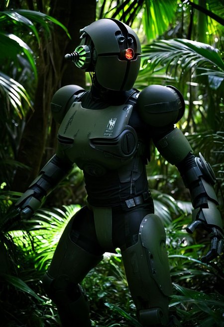 easynegative, extremely detailed, dark, chiaroscuro, low-key, AssaultronCosplay, a green assaultron robot, the assaultron has black tiger stripes painted on it, in the jungles of vietnam