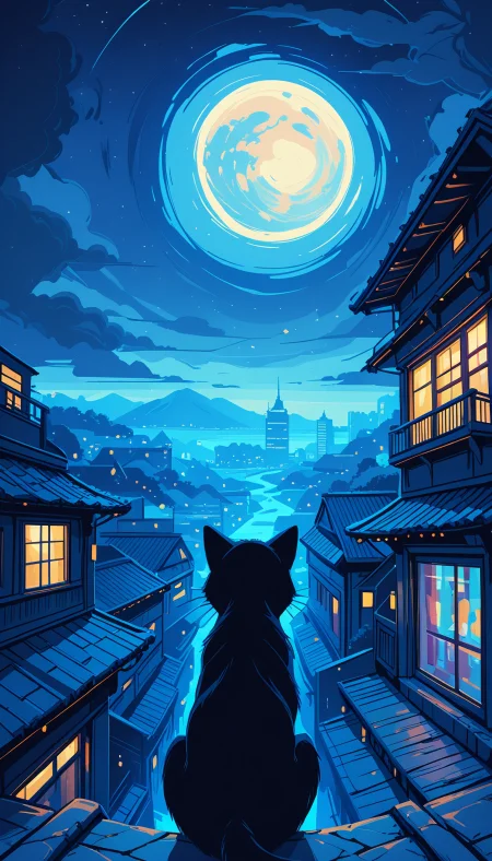 masterpiece, Shinkaistyle,
pinkretroanime, retro art,
Cyberpunk Style, cyberpunk, science fiction, hi tech, future tech, neon, (Cybernetics:1.25), (Neon Cityscape:1.4), (lineless:1.5), smooth edges, (lighten the face:1.5), tall body, slender body, fit body, long legs, In this captivating image, we are immersed in a tranquil scene set at night under a full moon. A cat sits prominently on the left side of the frame, gazing intently towards the right with its head slightly tilted upwards. The feline's fur is rendered in shades of black and gray, contrasting sharply against the dark background. The background features a small, wooden Japanese house nestled into a hillside. The house's thatched roof is visible, adding to the quaint charm of the scene. A set of stairs leading up to the entrance suggests an invitation for viewers to explore this cozy abode. The sky is a dark canvas, punctuated by the bright white glow of a full moon in the upper right corner. The moon's position and its radiant light create a sense of calm and serenity. The ground below the house is blanketed in snow, reflecting the soft light from the moon. In the bottom left corner, there's a solitary figure standing by the stairs to the house. This individual appears to be looking up at the night sky, perhaps lost in thought or admiring the celestial display. The color palette of the image is dominated by dark tones, with the exception of the moon and the interior lights of the house, which add a warm glow to the scene. The lighting creates dramatic shadows, enhancing the depth and complexity of the composition. In terms of action, the cat seems contemplative, while the solitary figure adds a dynamic element to the otherwise still scene. The overall atmosphere is one of peaceful solitude, with each element carefully placed to create a harmonious balance within the frame., solo, sitting, outdoors, sky, cloud, from behind, star \(symbol\), no humans, window, night, animal, traditional media, moon, squatting, cat, cloudy sky, crescent, building, star \(sky\), night sky, scenery, full moon, starry sky, stairs, city, cityscape, dark, architecture, black cat, house, animal focus, crescent moon, east asian architecture, skyscraper, fisheye, rooftop, city lights, town, chimney