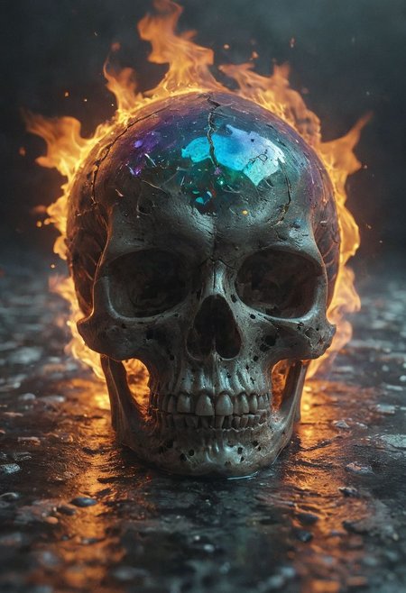 Skull made with crystalline carapace, iridescence color, fine reflection, water on the floor, reflections, intricate complexity details, 
Wide range of colors., fire and ice, Dramatic,Dynamic,Cinematic,Sharp details
Insane quality. Insane resolution. Insane details. Masterpiece. 32k resolution.