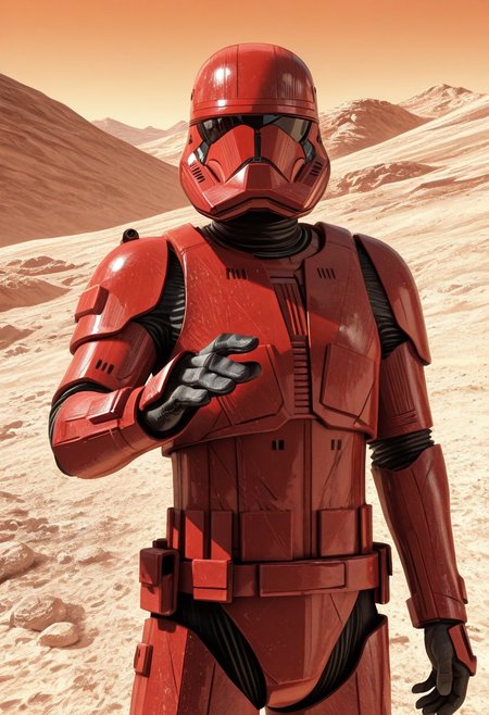 detailed background, cowboy shot, solo, 1boy, SithTrooper, red armor, red helmet, black visor, directing wit hand to viewer, Star Wars scenery, desert planet, dust on armor, detailed scenery, masterpiece, best quality, very aesthetic, newest, masterpiece, best quality, amazing quality, very aesthetic, absurdres, newest,, high res, ultra detailed, best quality, best artwork, 4k, ultra quality, perfect face, absurdres,masterpiece,best quality,amazing