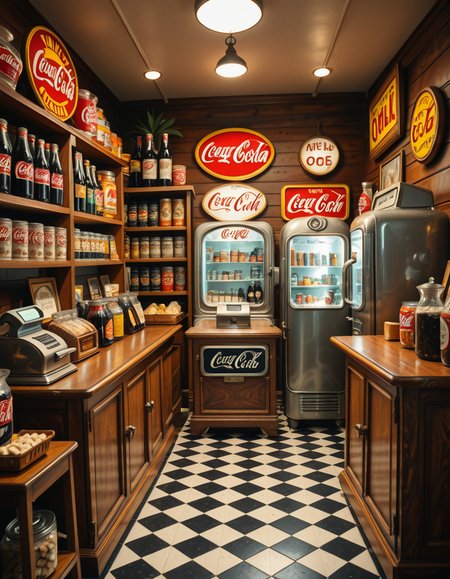 A vintage 1950s grocery store filled with nostalgic details. Wooden shelves neatly stocked with classic canned goods, glass soda bottles, and colorful retro packaging. An old-fashioned cash register sits on the wooden counter, next to a small scale for weighing produce. The checkered black-and-white tile floor adds to the mid-century charm, while hand-painted signs on the walls advertise milk, bread, and coffee in bold, retro fonts. A display of penny candy in glass jars sits near the entrance, and a vintage Coca-Cola refrigerator hums in the background. Soft, warm lighting casts a nostalgic glow over the scene, enhancing the rich textures of wood, glass, and metal, capturing the essence of a bygone era.
<lora:SDXLFaeTastic2400:0.4> <lora:extremely_detailed:0.4> extremely detailed
,1950s grocery st0r3, <lora:1950s_grocery_st0r3-i:1>, Masterpiece,best quality,hi res,8k,hi res,8k,award winning,(sharp focus, intricate, highly detailed),