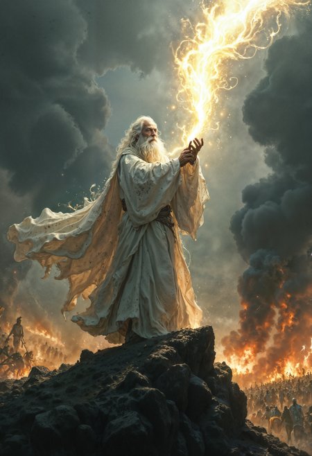 Gandalf the White stands boldly on the battlements of Minas Tirith, his white robes and cloak flowing in the wind. His staff blazes with radiant light, cutting through the darkness of the battlefield. Around him, chaos reigns—Orcs swarm, fires rage, and the sky is filled with dark clouds. Gandalf’s eyes burn with fierce determination as he raises his staff, emitting a blinding light that pushes back the shadows. The scene captures the epic clash of light against darkness, highlighting Gandalf’s heroic presence as a beacon of hope in the midst of war.