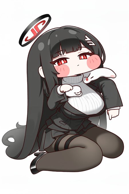 (trickcalcg, trickcal, chibi, chibi only:1.3), blush, blush stickers, blue archive, rio \(blue archive\), 1girl, black hair, black halo, black jacket, black pantyhose, black skirt, breasts, bright pupils, full body, hair ornament, hairclip, halo, head on arm, high heels, jacket, large breasts, long hair, multicolored halo, pantyhose, pleated skirt, red eyes, sitting, skirt, sweater, thigh strap, turtleneck, turtleneck sweater, two-tone halo, wariza, white background, 
(masterpiece, best quality, absurdres, highres, newest, very awa:1.2), 