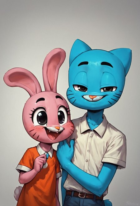 Portrait , duo
zPDXL, score_9, score_8_up, score_7_up, score_6_up, score_5_up, score_4_up, Gumball_watterson, male, furry, anthro, 1boy, furry male, duo, portrait,  cat, cat ears, blue skin, young , expressive face , happy,  smile 
BREAK 
Standing, cute, happy , smile,  anais_waterson, orange dress, duo, rabbit, pink skin 
 BREAK 
Family picture, big brother and little Sister , (seize difference:1.2),