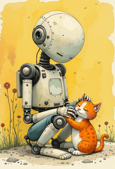 style of Mattias Adolfsson, the robot sits on the ground and strokes the kitten