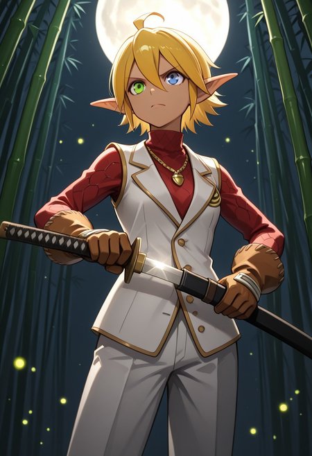 masterpiece, best quality, tomboy, blue eyes, jewelry, heterochromia, brown gloves, long sleeves, shoes, dark elf, scale armor, red shirt, dark-skinned female, blonde hair, hair between eyes, necklace, red carpet, white pants, green eyes, ahoge, pants, aura bella fiora,   1girl, pointy ears, tiny breasts, short hair, , white vest,
  outdoors, (bamboo forest), full moon, night, battoujutsu stance, ready to draw, fighting stance, unsheathing, sheath, holding sheath, cowboy shot, looking ahead, (hakama pants), fireflies, dark theme, dim lighting, dark background, backlighting, v-shaped eyebrows, serious, closed mouth