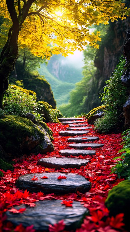 The image depicts a serene and picturesque forest scene. A stone path winds through the center of the image, leading into the distance and distant canyon. The path is composed of irregularly shaped stones, some of which are covered with moss and surrounded by vibrant red leaves and carpet plants. The leaves are scattered across the stones and the ground, creating a colorful carpet. On either side of the path, there are lush green plants and moss-covered rocks. The forest is dense with tall trees, their branches adorned with bright yellow leaves that catch the sunlight. The light filters through the canopy, casting a warm glow over the scene and creating a sense of depth and tranquility. In the background, the forest opens up to reveal a mountain peak, partially shrouded in mist, adding a mystical quality to the landscape. The overall atmosphere is peaceful and inviting, suggesting a place of natural beauty and serenity.