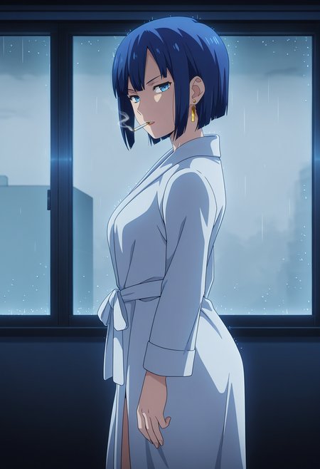 1girl,solo,mm,mature female,short hair,blue hair,blue eyes,earrings,anime coloring,
bathrobe,cigarette, window,rain,cowboy shot, standing,indoors,looking at viewer,
,masterpiece,best quality,amazing quality,<lora:Akino_Yuugiri-Engage_Kiss:0.8>