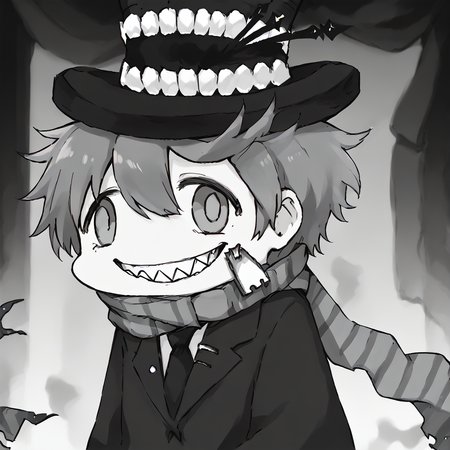<lora:Happy_Heroine_Sniper:1> teeth, hat, sharp teeth, grin, scarf, top hat, monochrome, striped scarf, black suit
 <lora:sdxl-fxface-pony:0.8> fx-face, face_of_the_people_who_sank_all_their_money_into_the_fx_(meme)