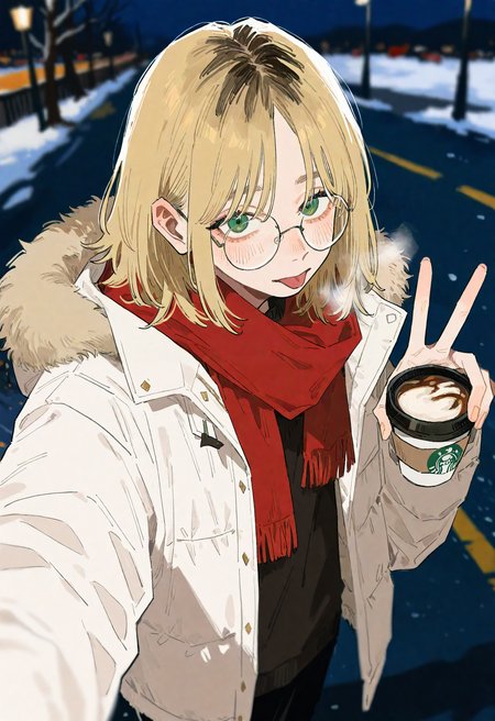 hachinuki tetsuyo, (go e 0000:1.2), (xilmo:1.1), vfaix, 
1boy, solo, androgynous, medium hair, parted bangs, round eyewear, green eyes, long eyelashes, dirty blonde hair, black roots \(hair\), hair down, blush,
white jacket, fur-trimmed jacket, open jacket, scarf, :p, 
standing, holding cup, disposable coffee cup, v, breath, selfie, 
road, snow, night, lamppost, out of frame, blurry background, from above,
masterpiece, best quality, newest, absurdres, highres, very awa, (perspective:1.1), 
 <lora:ponyv6_noobV1_2_adamW:0.3>,
<lora:owk_bsh_yy:0.5>,
<lora:sample:0.8>,
<lora:veluflora-wai:0.4>,
 <lora:96YOTTEA-WAI:0.4>