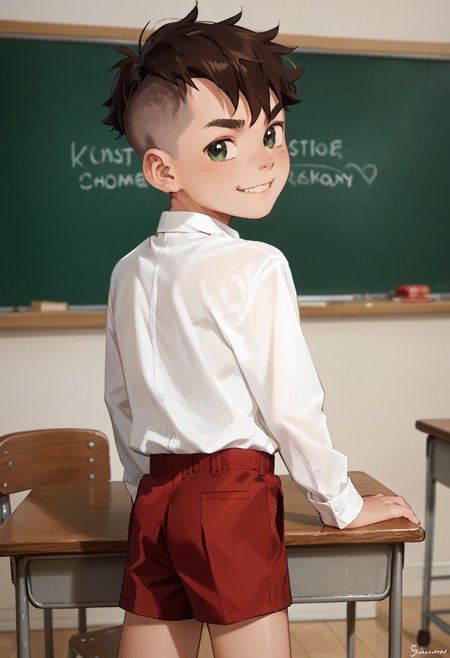 score_9,score_8_up,score_7_up, Intricate Details, Masterpiece, Best Quality, standing up , 1boy, solo,  cute boy, school uniform, necktie, unbuttoned shirt, small shorts , from behind, looking back , small shorts , smug smile, looking at the viewer , legs , twink , skinny , thick eyebrows, smug smile , hands on big desk , leaning on big desk , Kai, Brown Hair, Undercut, Green Eyes, White Skin , school class room , desks , chairs , blackboard.