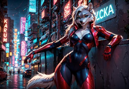 score_9, score_8_up, score_7_up, score_6_up, photorealistic, epiCPhotoGasm-colorfulPhoto, Realistic, highres, super high resolution, 8k, photo, furry, Furry, anthro, fur, wolf, female, amazing cyberpunk anime artwork, thin lines, sharp,  cyborg girl as ninja assassin wearing black and red robotic body suit lurking in the shadows of cyberpunk city under neon lights<lora:BLUE_mk4_angel_FLUX_03:1.3> <lora:CPA:1>  <lora:FLUXEvolyzedV1:1>