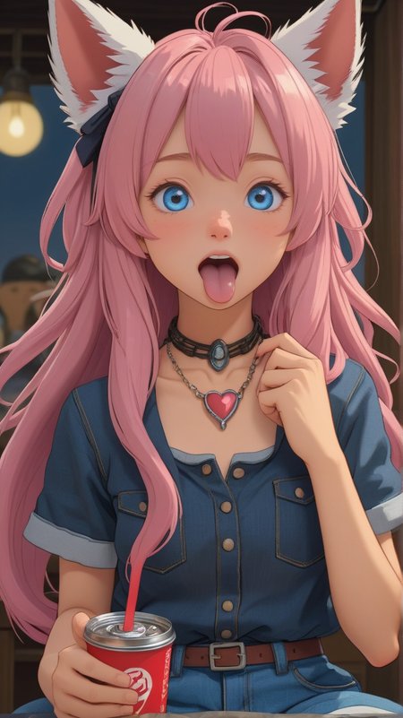 <lora:detailed_notrigger:1>,shirt,spikes,tongue_piercing,absurdres,one_eye_closed,blush,blonde_hair,dog_tail,pink_hairband,highres,jewelry,hairband,blue_eyes,holding_can,sitting,hololive,black_shirt,collarbone,piercing,holding,perroccino_\(fuwamoco\),solo_focus,spiked_hairband,necklace,virtual_youtuber,heart,dog_ears,can,1girl,mococo_abyssgard,hololive_english,tail,navel,doom_yorusen,very_long_hair,denim,white_shirt,tongue_out,animal_ears,dog_girl,energy_drink,pink_hair,tongue,long_hair,animal_ear_fluff, masterpiece, best quality, amazing quality, very aesthetic, high resolution, ultra-detailed, absurdres, newest,Masterpiece, best quality, amazing quality, very aesthetic, high resolution, ultra-detailed, absurdres, HDR,, (Studio ghibli style, Art by Hayao Miyazaki:1.2), Anime Style, Manga Style, Hand drawn, cinematic, Sharp focus, humorous illustration, big depth of field, Masterpiece, concept art, trending on artstation, Vivid colors, Simplified style, trending on ArtStation, trending on CGSociety, Intricate, Vibrant colors, Soft Shading, Simplistic Features, Sharp Angles, Playful, masterpiece, best quality, amazing quality, very aesthetic, absurdres,  newest, (scenery, volumetric lighting),âââ