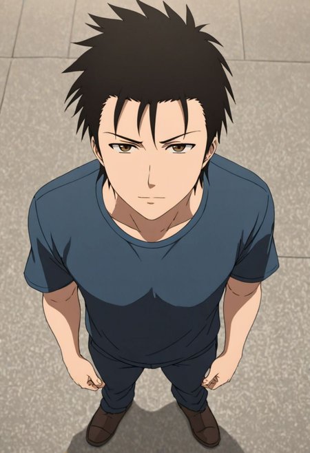 Highres, Masterpiece, High Quality, 4K, 8K, solo, 1Boy, Soujirou Agata, brown eyes, black hair, standing, straight facing upwards, casual, seen from above, arrogant face, dominant, intimidate, easynegative, detailed_eye_model