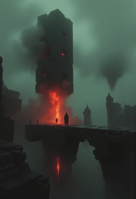 The surrounding environment is a desolate, crumbling landscape, bathed in harsh shadows and mist that swirl around the warrior's feet, rising like dark tendrils. The distant silhouette of a dying city can be seen in the background, its once-mighty spires now reduced to crumbling ruins. A faint, ethereal glow emanates from the ruins, a distant, fading life force now consumed by darkness.
The air is thick with an eerie haze, the light diffused and muted, shifting from sickly green to deep reds and warm orange, creating a haunting, cinematic glow. The entire scene is drenched in atmospheric light, pulling the viewer into this dark fantasy world of despair, power, and looming threat. The demonic warrior remains stoic and unyielding, his presence alone a harbinger of destruction, the very embodiment of a wrathful, ancient force. neon-mist,
