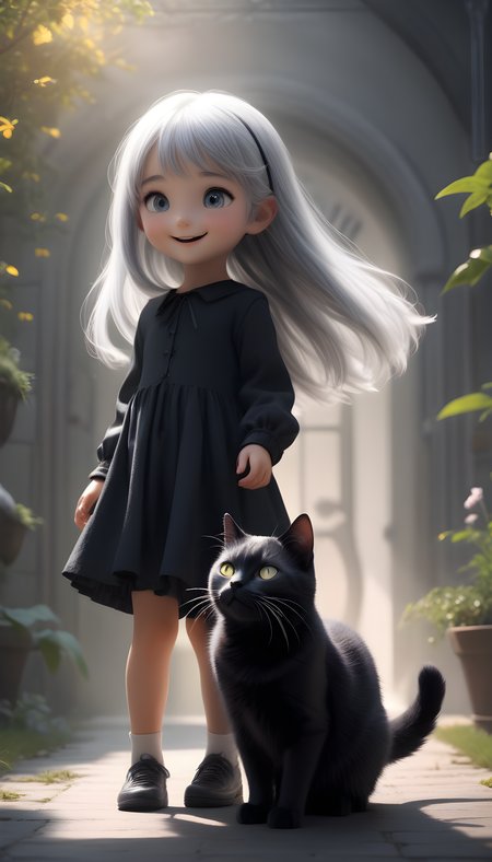 beautiful 8k uhd professional photograph, sharp focus, In a stunning fantasy world, a cute silver-haired girl and a mysterious 1giant black cat, beaming with joy, in bright natural light