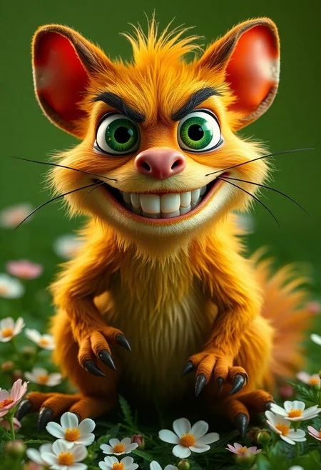 The image shows an exaggerated, cartoon-like creature with large green eyes, sharp teeth, and a wide, mischievous smile. It has a yellowish-brown fur coat, long whiskers, and sharp claws, with a bushy tail. The setting is a simple flowers green background.  highly detailed, high contrast, film grain, Rim Lighting, absurdres, amazing quality,,solo, smile, simple background, animal ears, sitting, tail, full body, teeth, cat ears, grin, cat tail, no humans, cat, sharp teeth, black background, claws, outline, green theme,realistic,, rich vivid colors, fertile, professional creative, dynamic cinematic perfect background, very coherent 