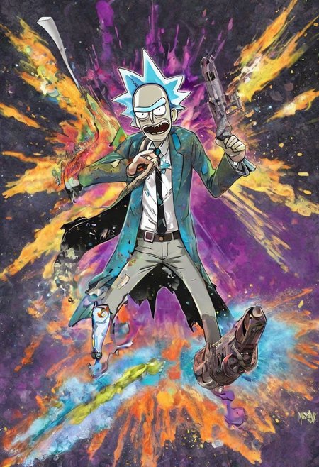 A highly detailed and vibrant action pose of an anime-inspired Rick Sanchez and Morty Smith of Rick and Morty, dressed in a tattered yet impressive suit and tie, with wings of black and white engraved with ancient runes and symbols, a halo, a horn, a weapon, and showcasing an energy or magical ability, with a color scheme of purple and orange.