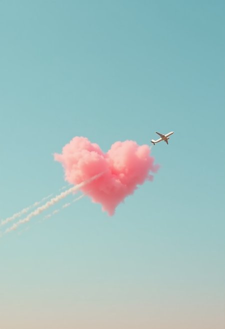 Overall Impression:

The image portrays a minimalist, serene scene with a focus on a single, striking element against a simple backdrop. The color palette and composition evoke a sense of tranquility and openness.

Color Scheme:

Dominant Colors: The primary colors are a soft, pastel blue for the sky and a vibrant, pinkish-red for the cloud.
Contrast: The contrast between the cool blue and warm pink creates visual interest and draws attention to the cloud.
Composition:

Simplicity: The image is composed of only two main elements: the cloud and the small white plane. This simplicity emphasizes the cloud as the focal point. A small, white airplane is crossing from the bottom left to the top right corner through the heart shaped cloud leaving a white contrail, contrail goes through the heart shaped cloud across from bottom left to upper right corner. This adds a sense of movement and scale to the image.
Horizon: The horizon line is not visible, further emphasizing the vastness of the sky.

Negative Space: The vast expanse of blue sky surrounding the cloud creates a sense of openness and freedom.

Asymmetry: The cloud is not centered in the frame, adding a touch of dynamism to the composition.
Cloud Details:

Shape: The cloud is shaped like a heart, adding a touch of whimsy and emotion to the image.
Color: The pink hue of the cloud suggests warmth and positivity.
Texture: The cloud appears soft and fluffy, with subtle variations in color and texture.

Additional Details:

Overall Interpretation:

The image evokes a feeling of calm and introspection. The simple composition, soft colors, and symbolic elements create a serene and thought-provoking scene.