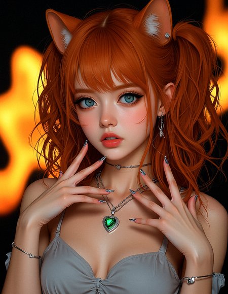 An upper body image of a beautiful young lady with curly orange hair, hair over one eye,  aqua eyes, and bold eyeliner. She has thick eyebrows and long eyelashes, long fingernails,  and her lips are shiny and full. She wears an amulet heart, rimless eyewear,  and a helix piercing. The extreme realism focuses on her detailed skin, showing fine textures and natural highlights.

The background is Bright, glowing ember shapes against a dark background, with soft glows.

Her outfit are Fitted pencil skirt with a silk blouse

Subtle skin pores and natural texture on the face and neck, Realistic light reflections on the surface of the eyes, Slightly raised veins visible under the skin on the neck, Subtle veins visible on the eyelids under certain lighting, Realistic reflection of light on the glossy lips, following their curvature, Soft reflections on the necklace, enhancing its metallic look

Both hands forming cat paws, with her mouth open like she’s hissing playfully











 









































