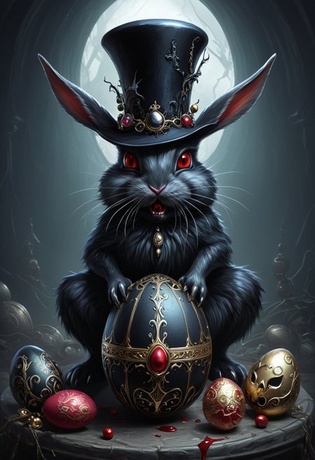 A sketch illustration of a Dark Fantasy Goth Monster Easter Bunny with a big hat, Crazy eyes and sharp teeth drooling and claws and a dark Easter egg with ornaments like a Fabergé egg, bloody, gothic style, dark fanatsy art, digital painting, high detailed, 4k, mobe-godeen <lora:GothicDetailEnhancerV1:0.5>,