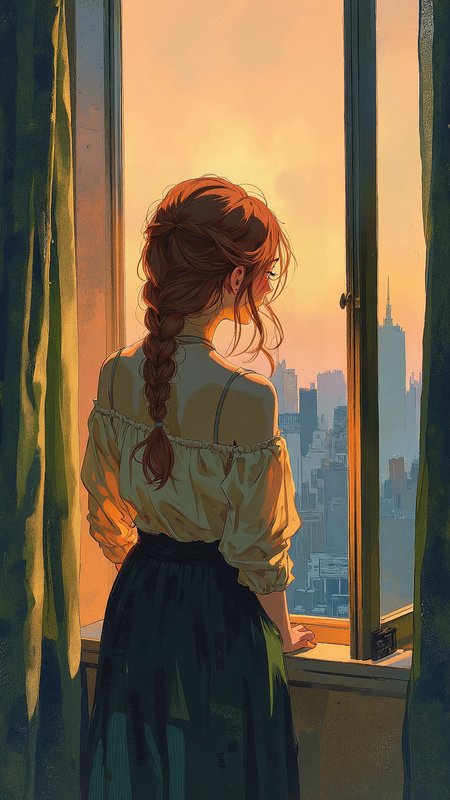 Be_luminous, High-resolution anime-style illustration with oil painting influences of a young woman standing by an open window, warm evening light casting soft highlights on her face. Her auburn hair is loosely braided, a few strands escaping as she gazes at the city skyline with a quiet, introspective expression. She wears a delicate off-shoulder blouse and a flowing skirt, the fabric catching the light with soft, painterly textures. The golden hues of sunset blend with deep blue shadows, creating a rich, atmospheric contrast. Thick, expressive brushstrokes mimic traditional oil painting techniques, merging with smooth anime detailing to create a unique, dreamlike aesthetic <lora:Comic_Style_-_FLUX:0.6> <lora:oilpaintzver5:0.4> <lora:Be_luminous_flux_lora:0.4>