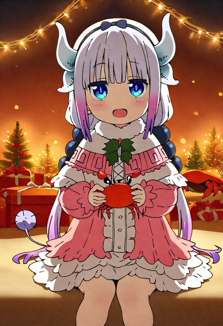 Masterpiece, (Best quality:1.2), (scenary:1.2), dynamic light,, Christmas, sand,, Animal Christmas, masterpiece, best quality, ((holding a Crab)), (orange medium Crab), mini gift box,, kawaii style, sitting,, dragon_horns, Kanna_Kamui, curious expression, smile, :D , looking at viewer, perfect eyes, blue_eyes,, pink_hair, low_twintails, long_hair,, tail, frilled_capelet, frilled_dress, pink_dress, puffy_long_sleeves,, holly berries, pine garlands, snowfall, warm light, sparkling lights,,