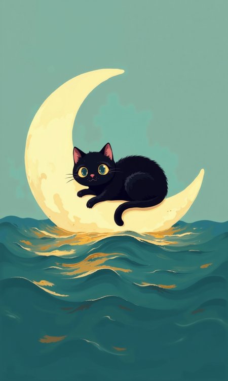 A stylized illustration of a black cat resting on a crescent moon above a body of water. 
The moon is a pale, yellowish-cream color, and the crescent shape is distinct. 
The cat is black with large, round, expressive eyes, and small, pinkish ears. It's positioned on the moon, facing slightly to the right. 
The water below the moon is a deep teal/blue color, with gentle waves that show some variation in shade, creating a sense of depth. Golden-yellow highlights streak across the water, giving a sense of sunlight reflecting.
The sky above the water and moon is a soft, teal-blue color, blending smoothly into the water. 
The overall style is cute and whimsical, with soft colors and a focus on the interaction between the cat, the moon, and the sea surface. The art style suggests a digital painting or illustration.
<lora:FLUX-daubrez-DB4RZ-v2:1> DB4RZ, DB4RZ style painting