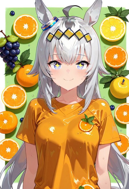 ,source_anime,anime coloring,  masterpiece,best quality,amazing quality,1girl,solo,
sweat,shiny skin, Shiny clothes,
 Multiple Object Background, 
1girl, solo, fruit, food, orange (fruit), kiwi (fruit), grapes, blueberry, lemon, orange slice
(masterpiece:1.3), best quality, high resolution, unity 8k wallpaper, (illustration:1.2), 8K,
Upper Body,+ +,t-shirt,happy,
Oguri Cap\(Umamusume\),horse tail,(horse ears:1.3),
