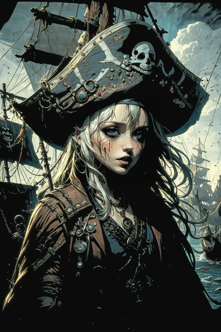 (masterpiece:1), (best quality:1), high contrast, strong shadows, outlines, <lora:graphicNovelStyle_v10:0.2>, <lora:realistic:0.3>, <lora:sharpen-soften:-0.3>,
<lora:GoodHands-beta2:0.8>,
1 girl, adult italian woman, freckles, jade eyes, white sleek hair, 
Style-GravityMagic, focus on character, portrait,  looking away, solo, upper body, detailed background, (<lora:CulturePunkBundle-000007:0.3>, piratepunkai, pirate theme:1.1), cursed pirate, realistic skin, rich  pirate captain outfit, tricorn hat, cursed amulet,  walking, sypglass, high seas, wooden deck of a ship, black  sails, explosions, flintlock pistol,  pirate battle, maelstrom,  raining, loot, sunrise, fantasy atmosphere,